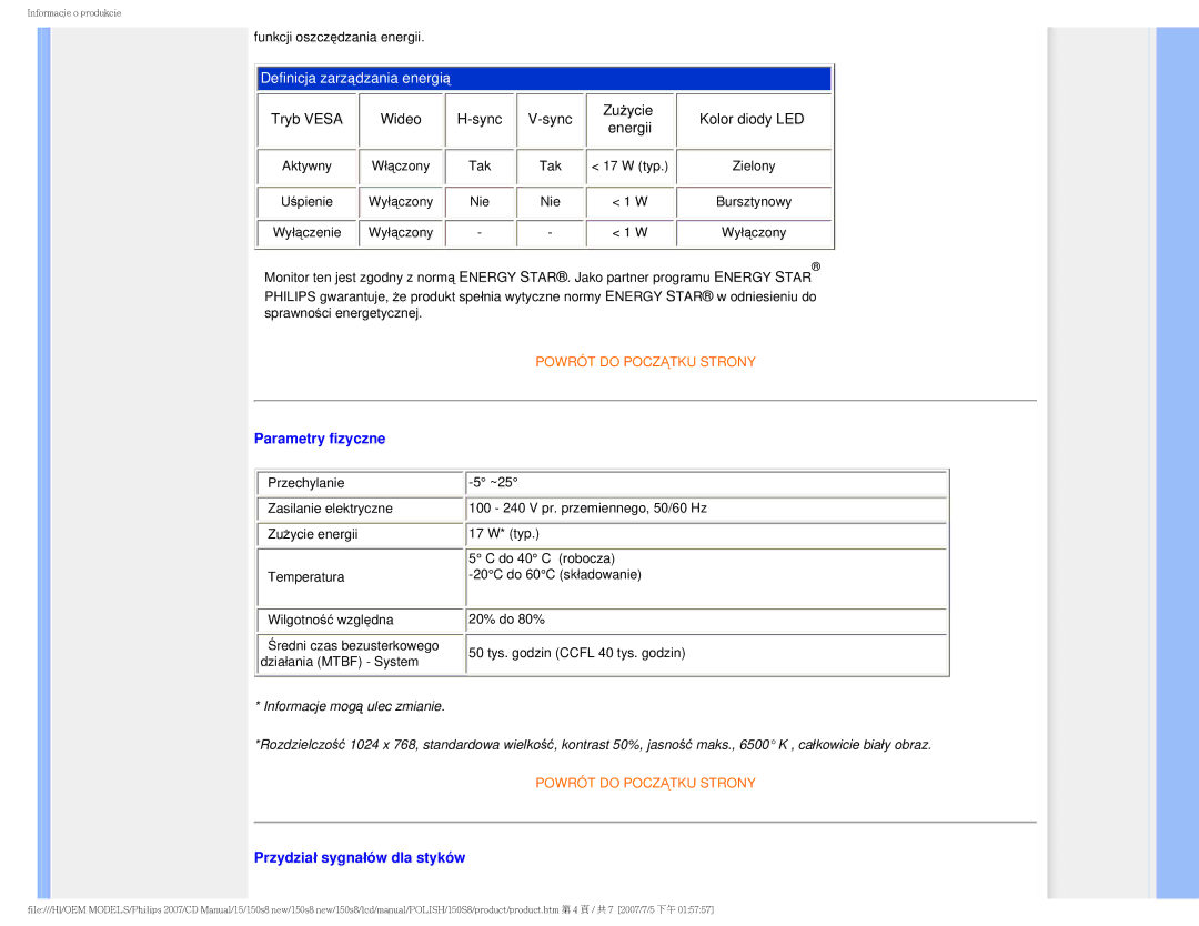 Philips 150S8 user manual Parametry fizyczne, Przydział sygnałów dla styków 