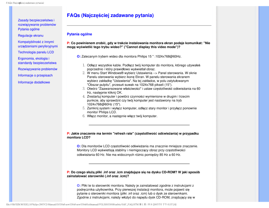 Philips 150S8 user manual FAQs Najczęściej zadawane pytania, Pytania ogólne 