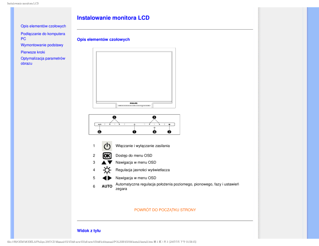 Philips 150S8 user manual Instalowanie monitora LCD, Opis elementów czołowych, Widok z tyłu 