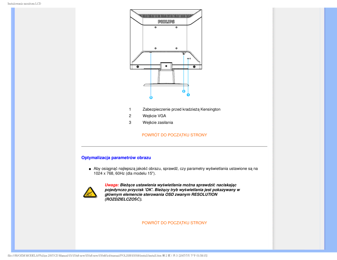 Philips 150S8 user manual Optymalizacja parametrów obrazu 