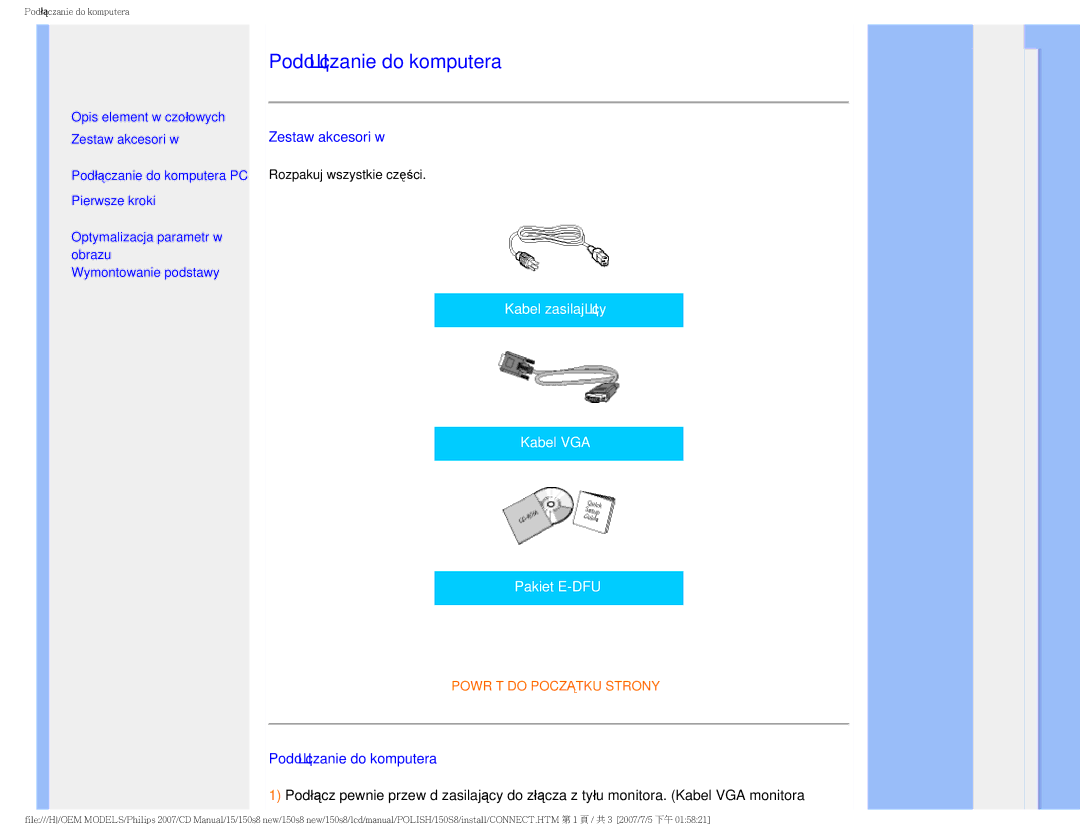 Philips 150S8 user manual Podłączanie do komputera, Zestaw akcesoriów 