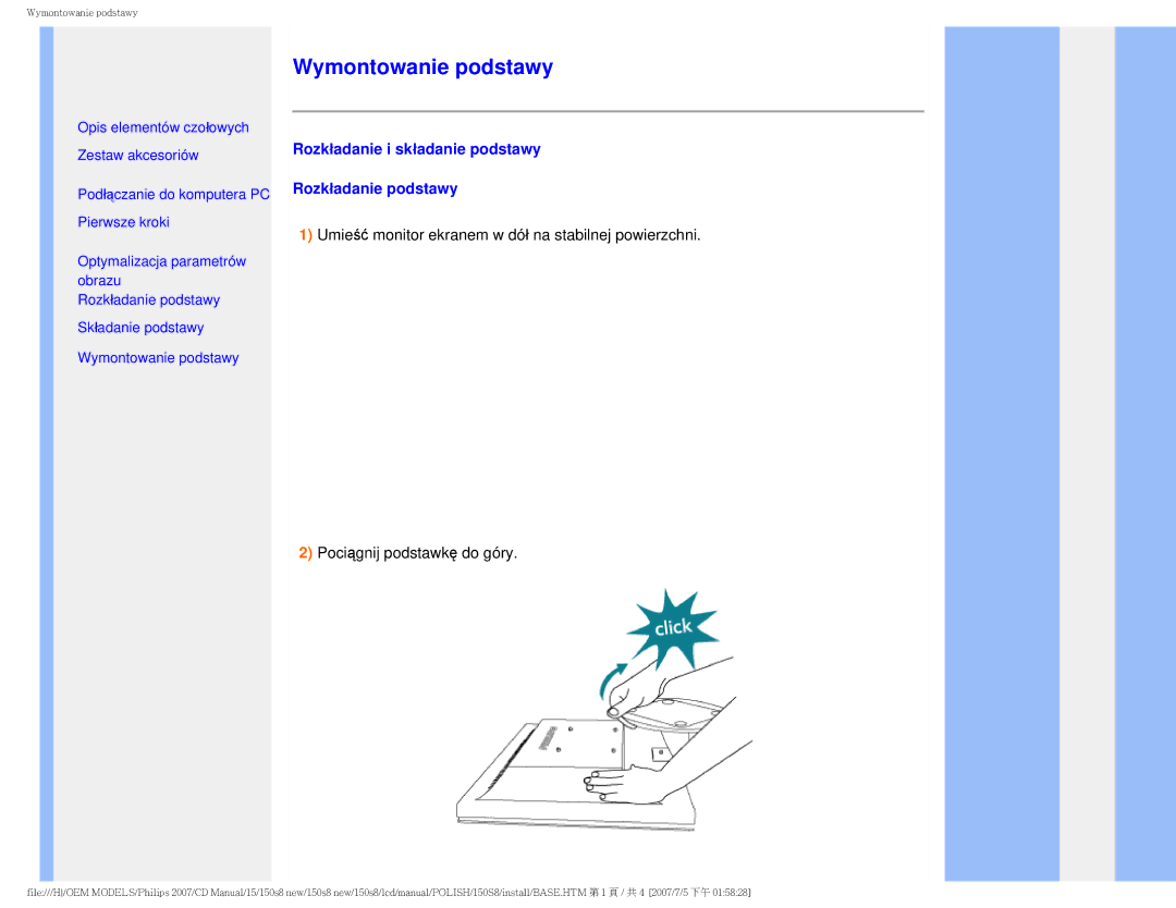 Philips 150S8 user manual Wymontowanie podstawy, Rozkładanie i składanie podstawy Rozkładanie podstawy 