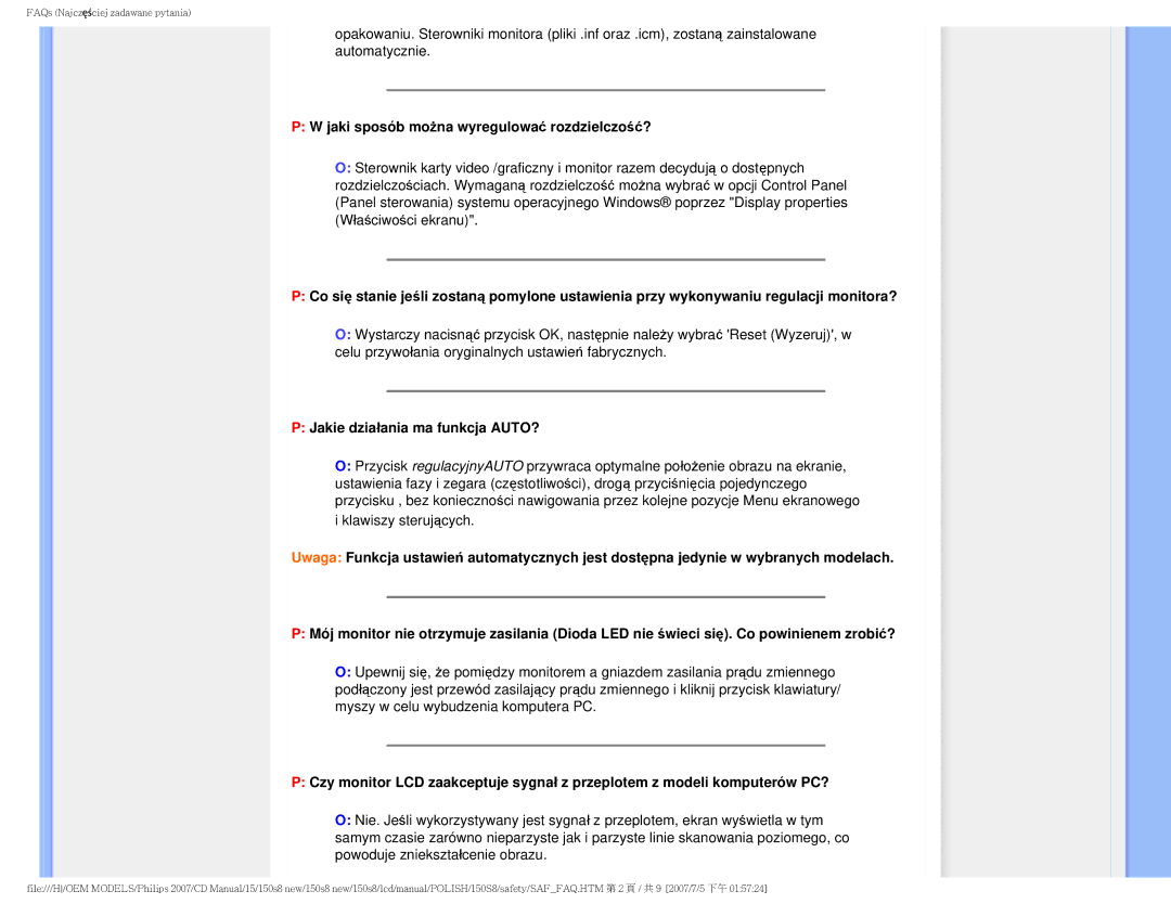 Philips 150S8 user manual Jaki sposób można wyregulować rozdzielczość?, Jakie działania ma funkcja AUTO? 