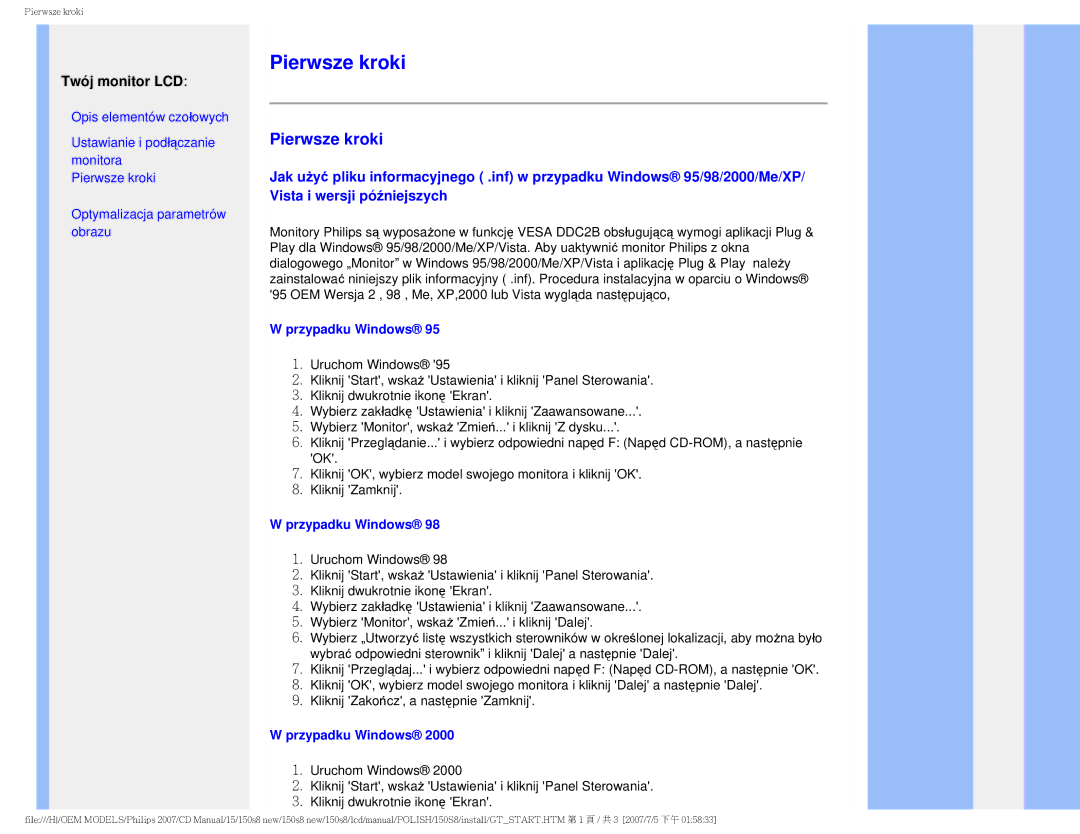 Philips 150S8 user manual Pierwsze kroki, Przypadku Windows 