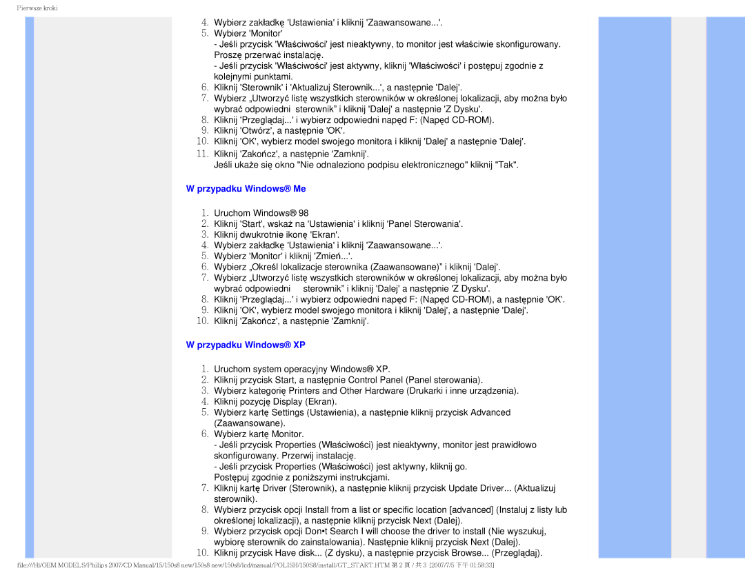 Philips 150S8 user manual Przypadku Windows Me, Przypadku Windows XP 