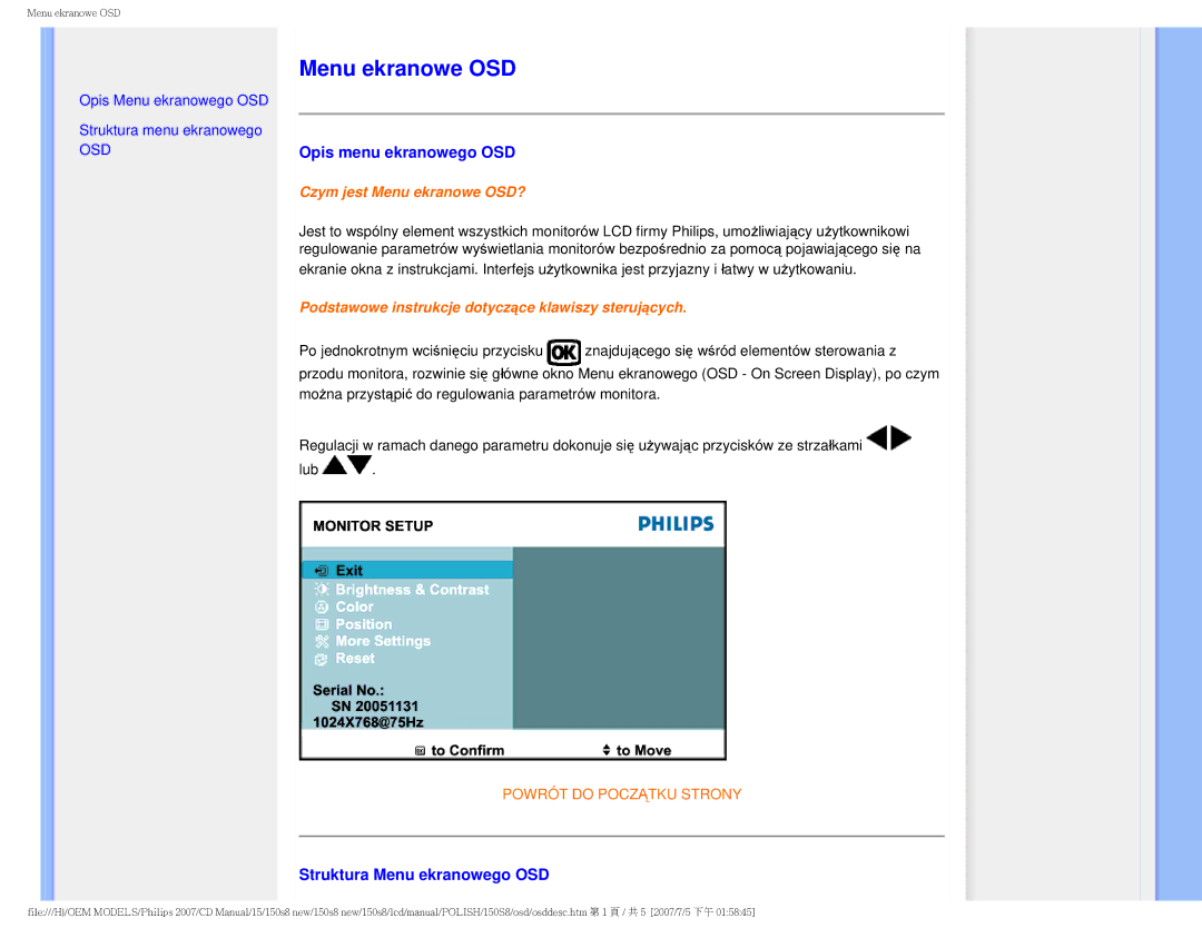 Philips 150S8 user manual Menu ekranowe OSD, Opis menu ekranowego OSD, Struktura Menu ekranowego OSD 