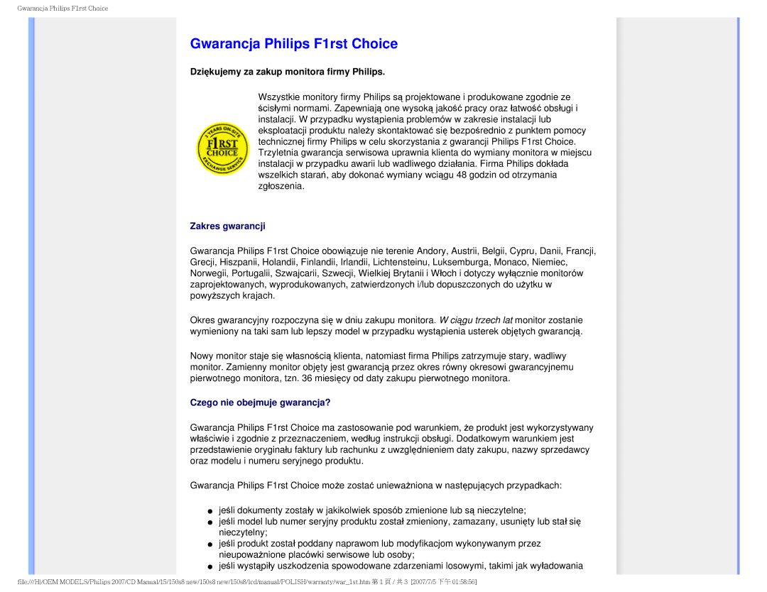 Philips 150S8 user manual Gwarancja Philips F1rst Choice, Dziękujemy za zakup monitora firmy Philips 