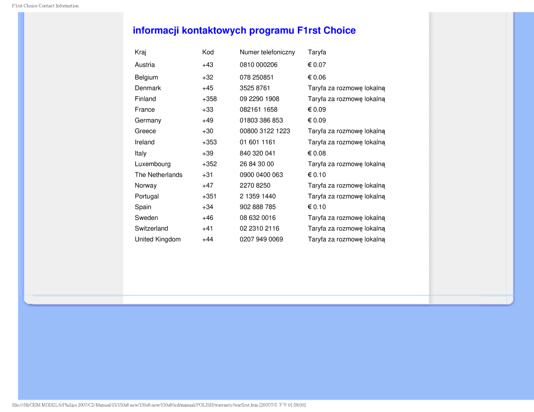 Philips 150S8 user manual Informacji kontaktowych programu F1rst Choice, United Kingdom +44 0207 949 