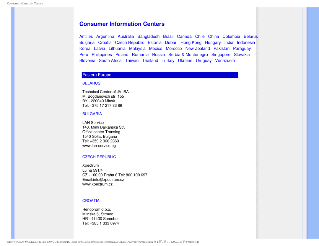 Philips 150S8 user manual Consumer Information Centers, Belarus, Bulgaria, Czech Republic, Croatia 