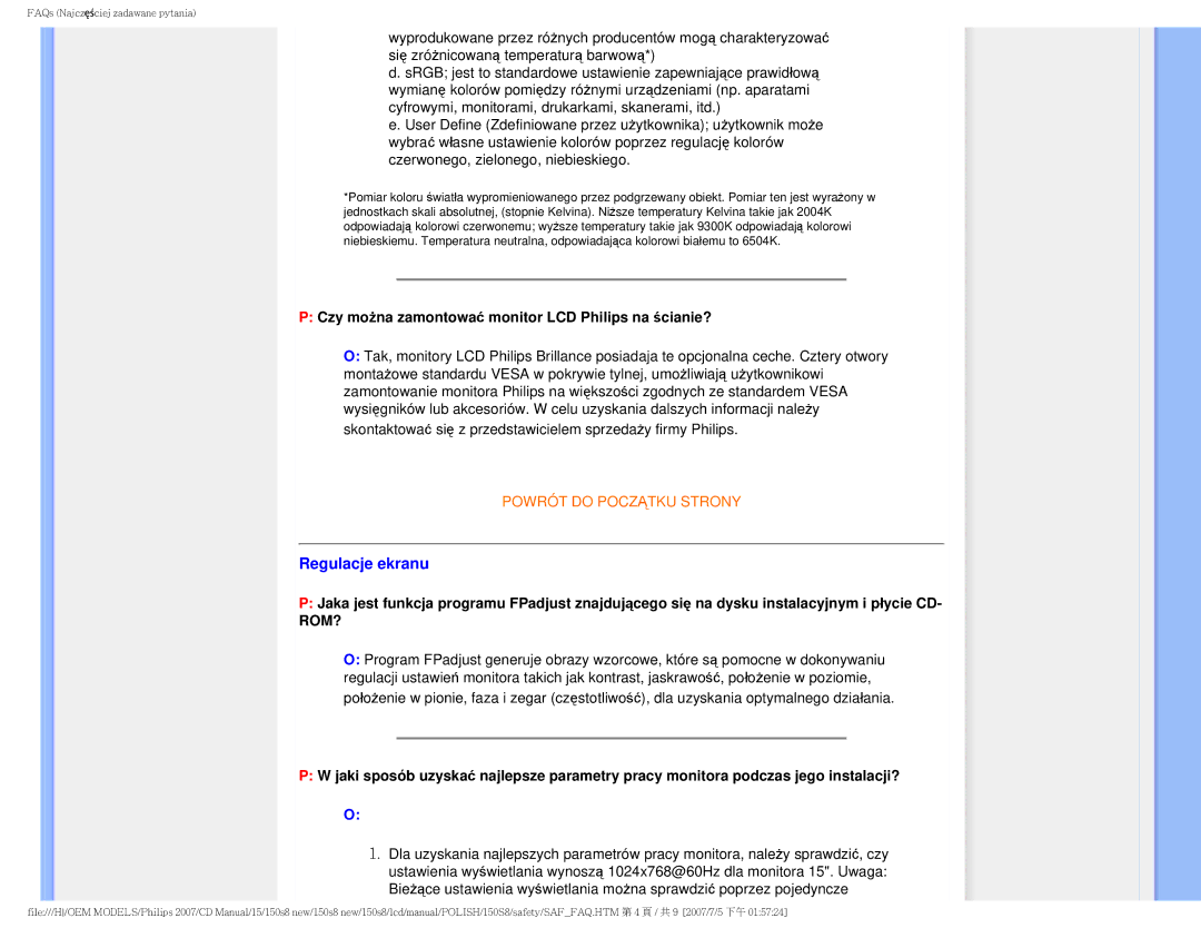 Philips 150S8 user manual Regulacje ekranu, Czy można zamontować monitor LCD Philips na ścianie? 