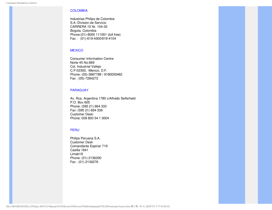 Philips 150S8 user manual Colombia, Mexico, Paraguay, Peru 