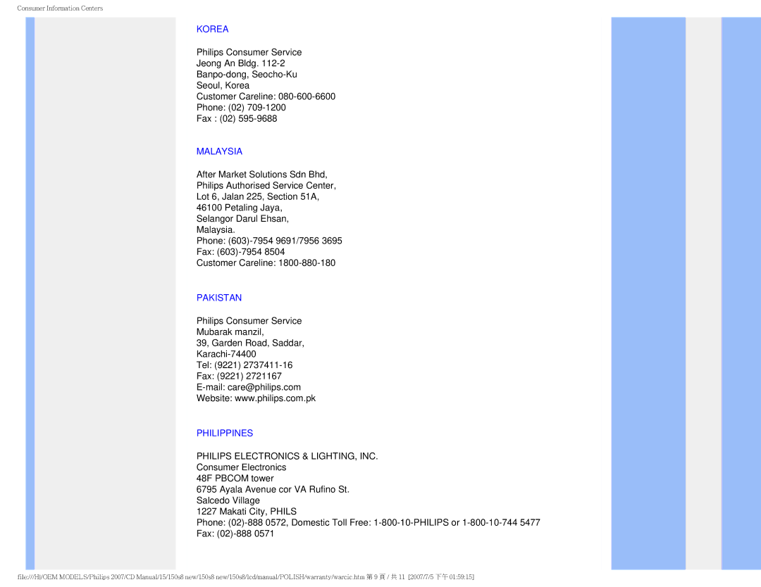 Philips 150S8 user manual Korea, Malaysia, Pakistan, Philippines 