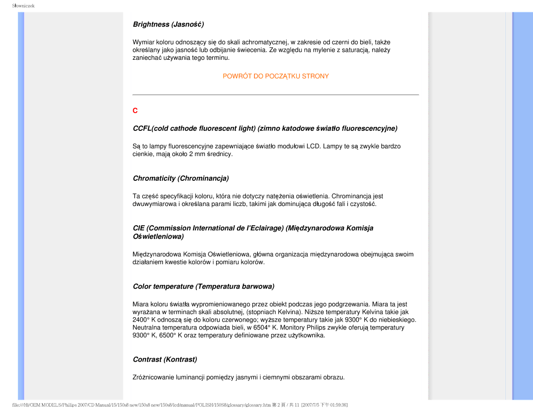 Philips 150S8 Brightness Jasność, Chromaticity Chrominancja, Color temperature Temperatura barwowa, Contrast Kontrast 