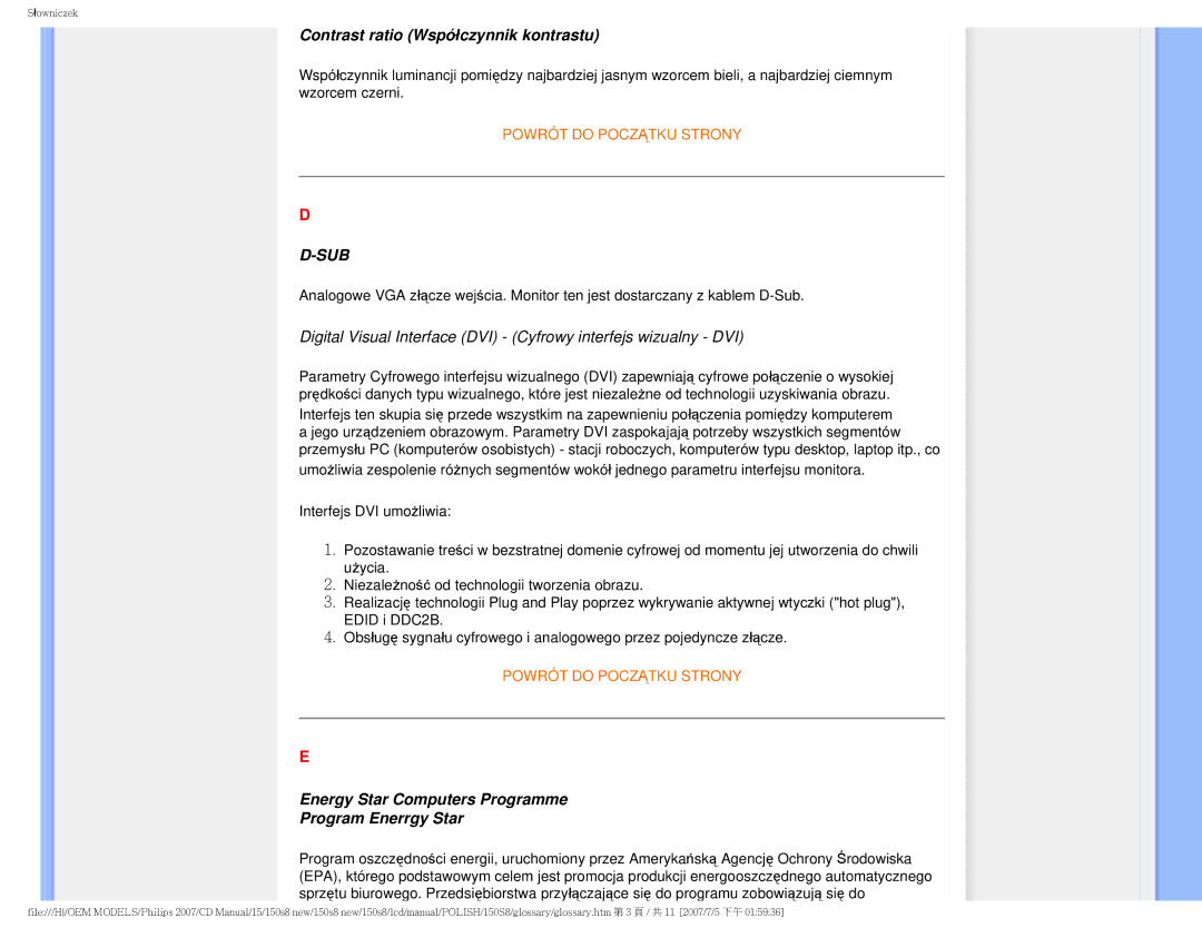 Philips 150S8 user manual Contrast ratio Współczynnik kontrastu, Energy Star Computers Programme Program Enerrgy Star 