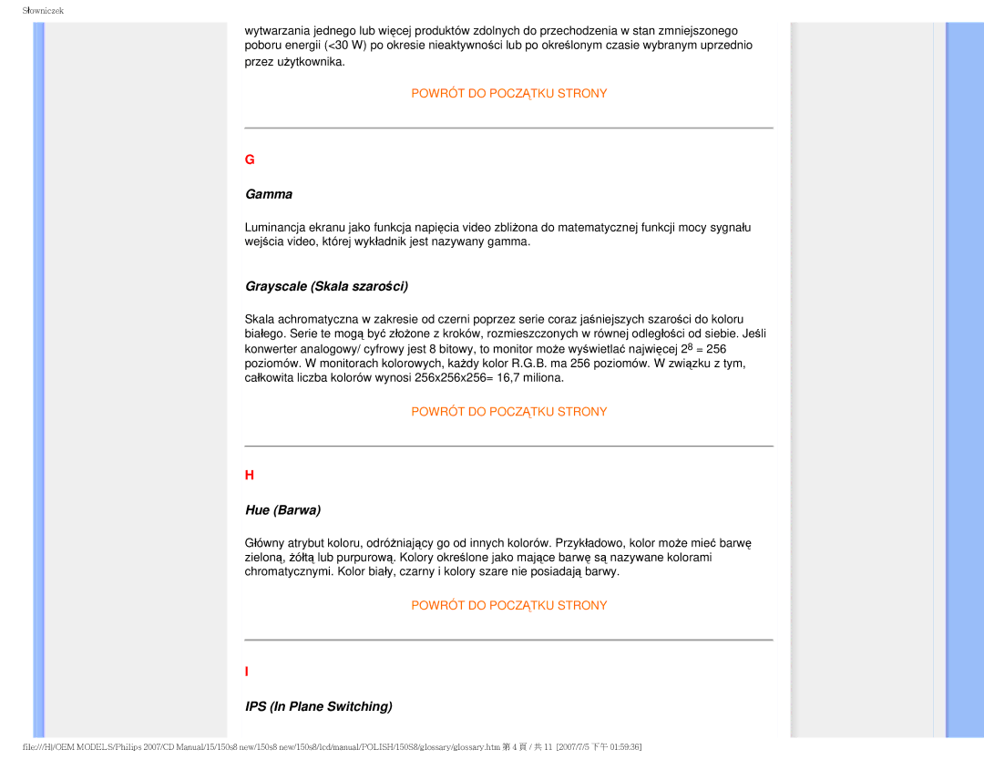 Philips 150S8 user manual Gamma, Grayscale Skala szarości, Hue Barwa, IPS In Plane Switching 