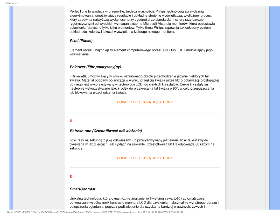 Philips 150S8 Pixel Piksel, Polarizer Filtr polaryzacyjny, Refresh rate Częstotliwość odświeżania, SmartContrast 