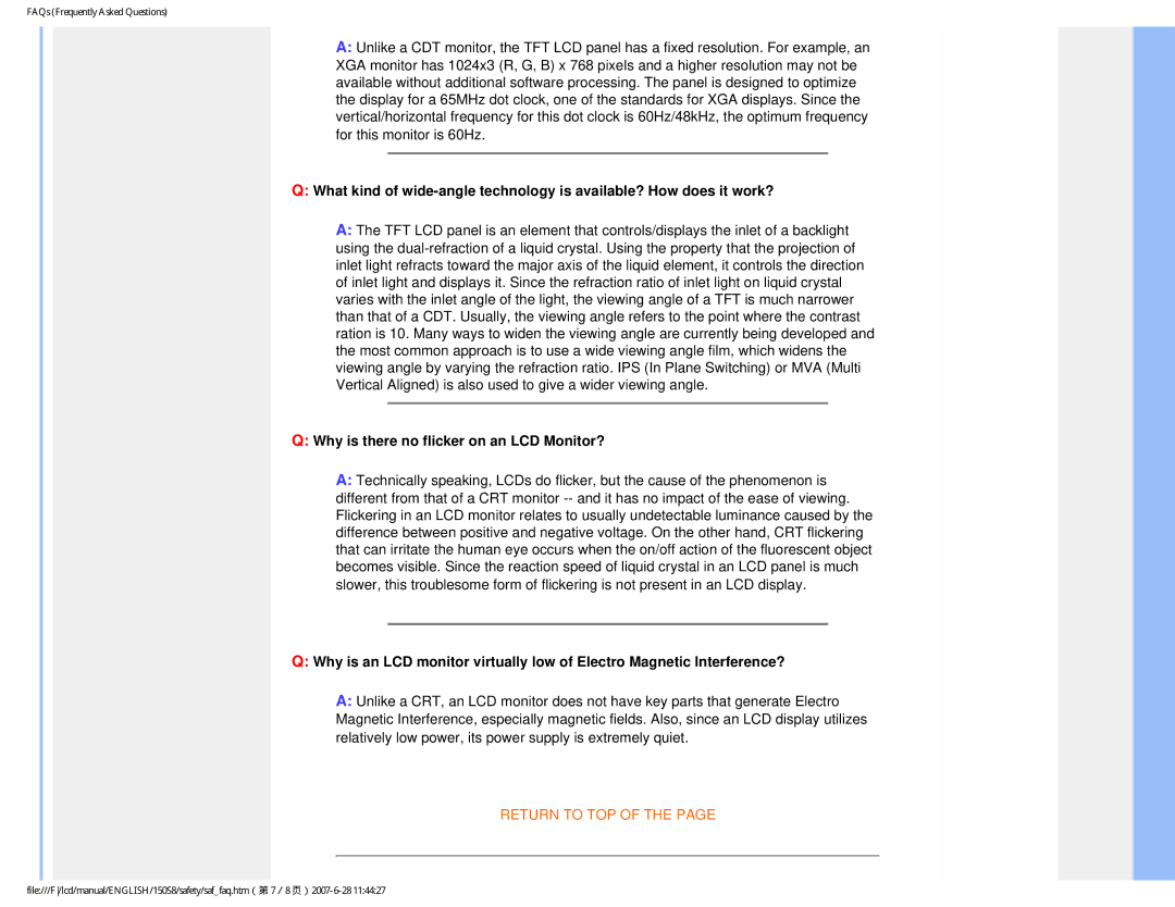 Philips 150S8 user manual Why is there no flicker on an LCD Monitor? 