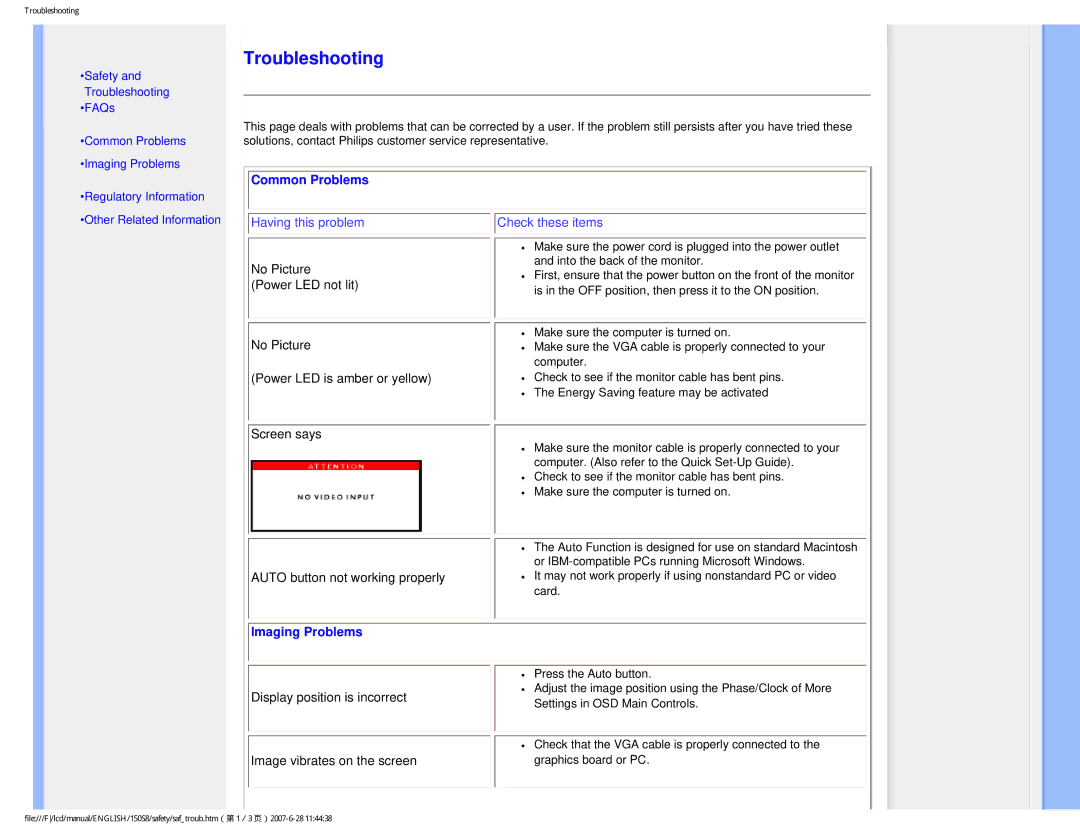 Philips 150S8 user manual Common Problems, Imaging Problems 