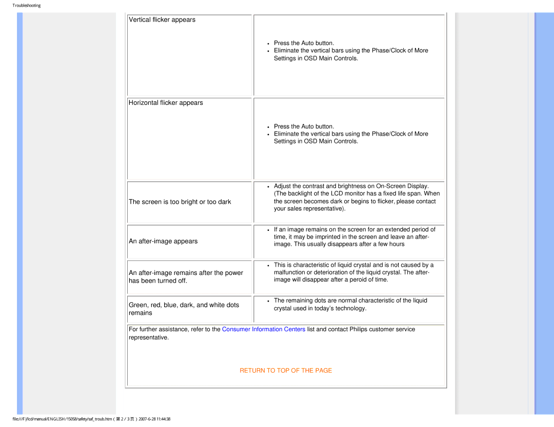 Philips 150S8 user manual Vertical flicker appears 