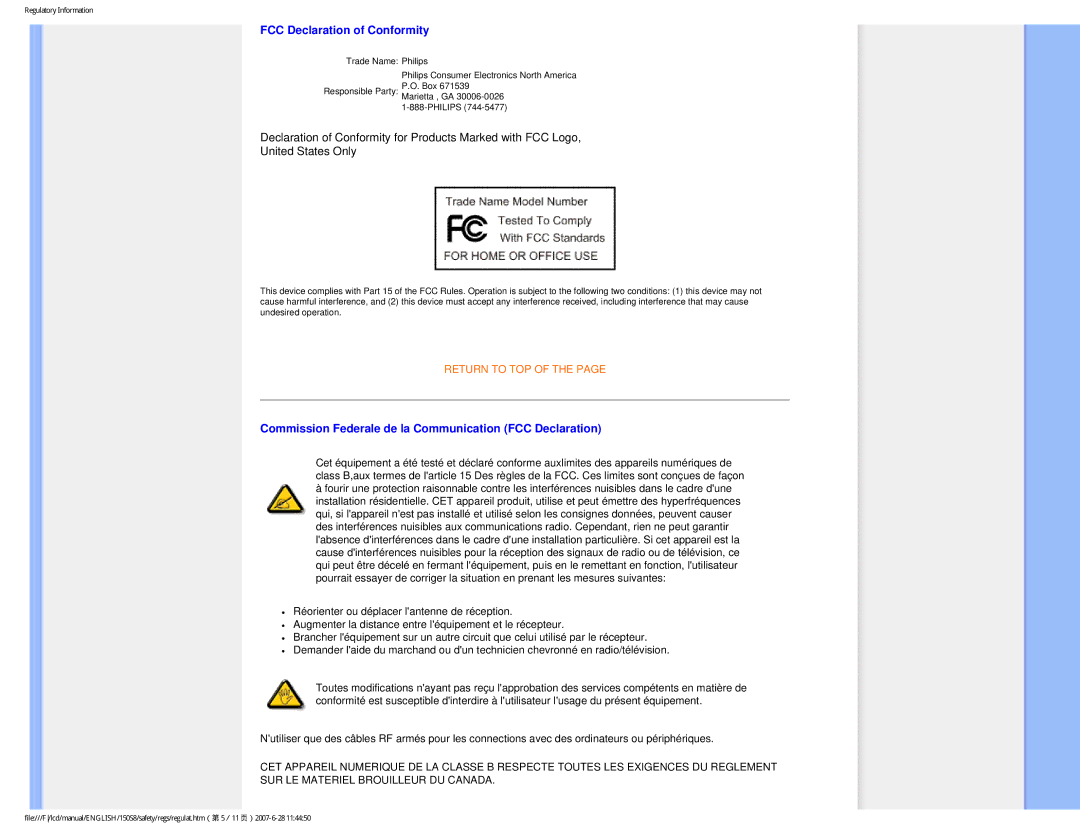 Philips 150S8 user manual FCC Declaration of Conformity, Commission Federale de la Communication FCC Declaration 