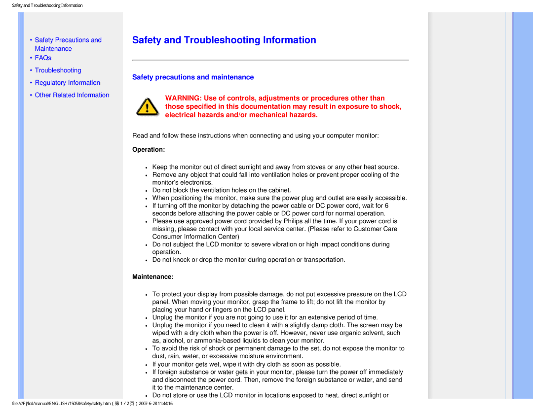 Philips 150S8 Safety and Troubleshooting Information, Safety precautions and maintenance, Operation, Maintenance 