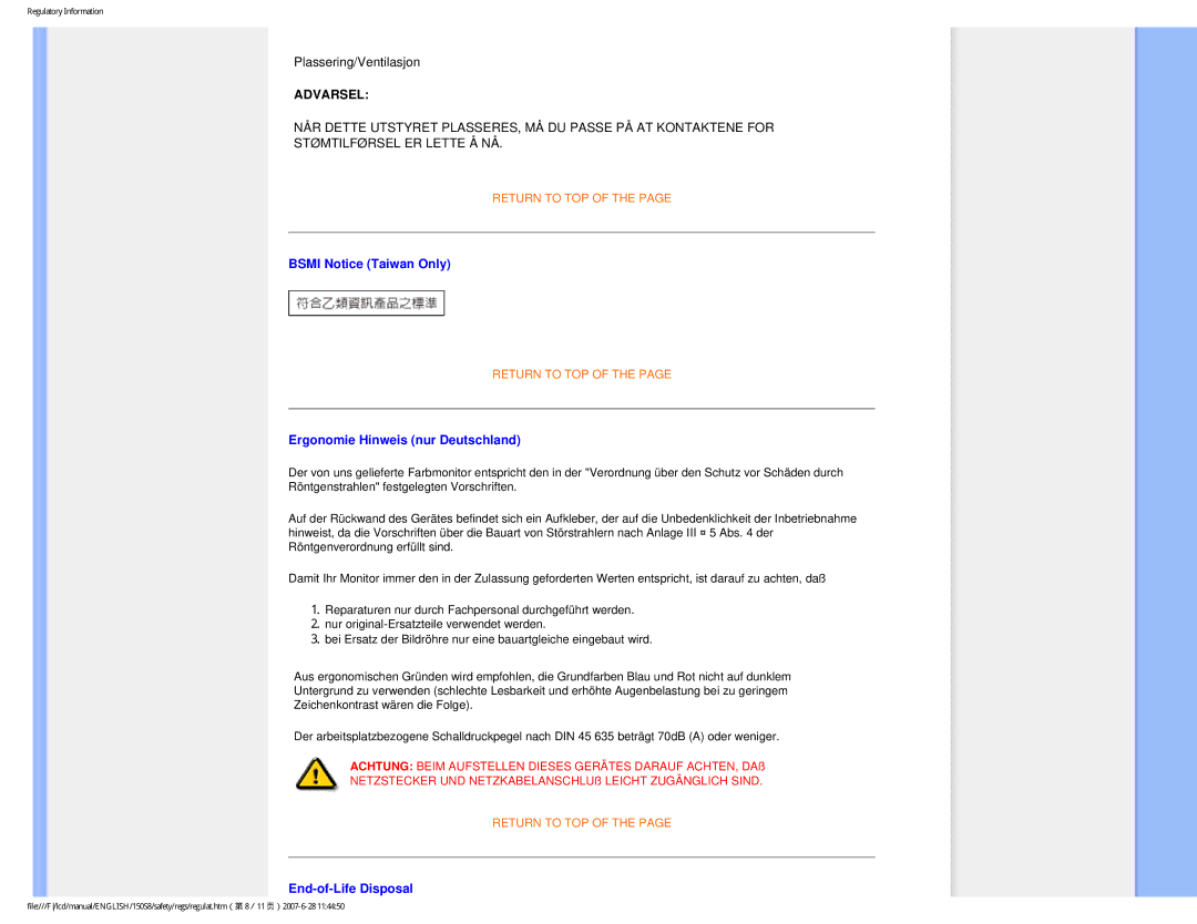 Philips 150S8 user manual Bsmi Notice Taiwan Only, Ergonomie Hinweis nur Deutschland, End-of-Life Disposal 