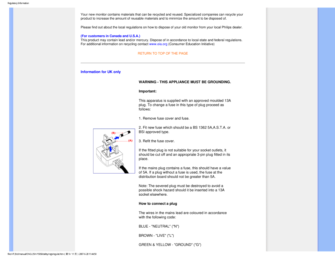 Philips 150S8 user manual Information for UK only, For customers in Canada and U.S.A 