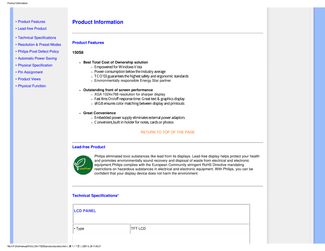 Philips 150S8 user manual Product Features, Lead-free Product, Technical Specifications 