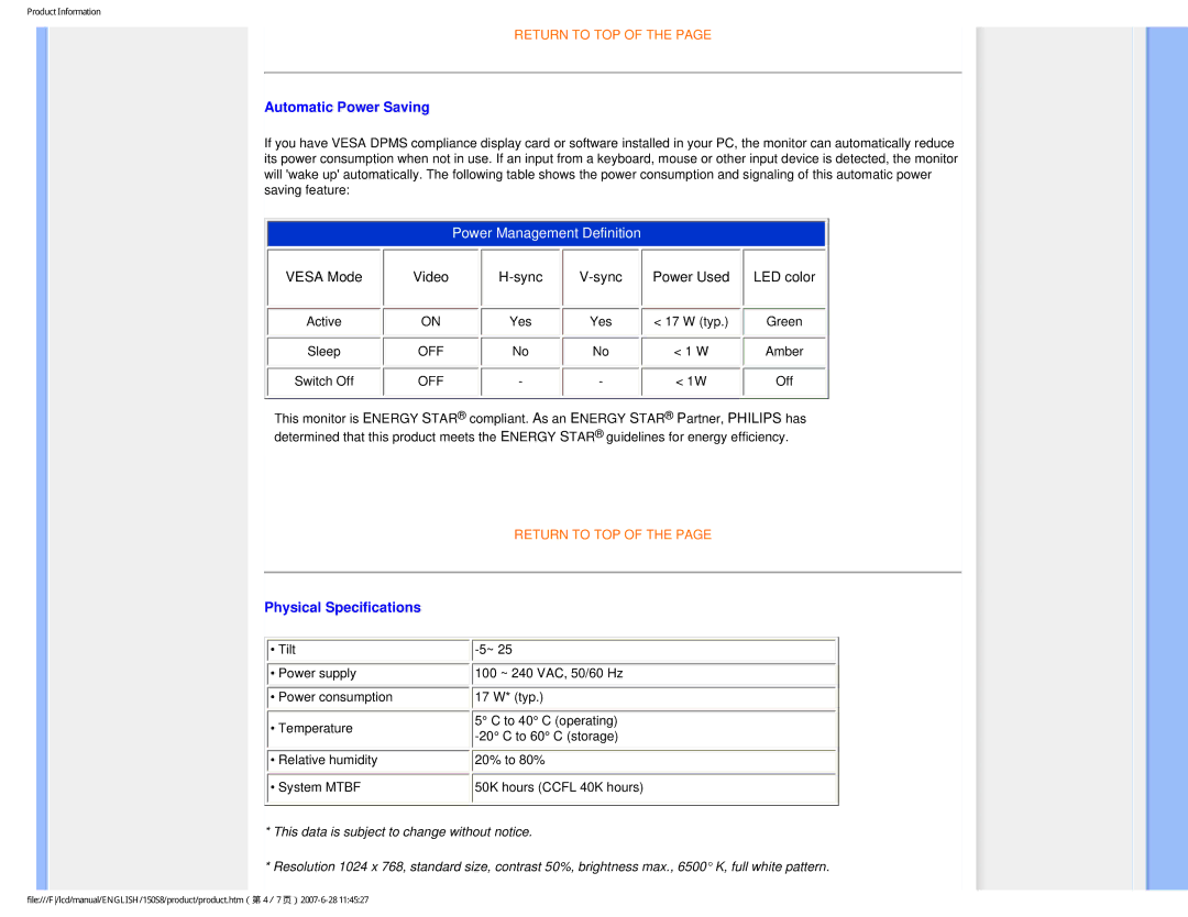 Philips 150S8 user manual Automatic Power Saving, Physical Specifications 