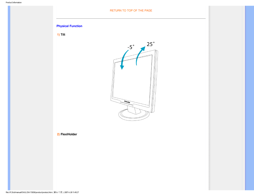 Philips 150S8 user manual Physical Function, Tilt FlexiHolder 