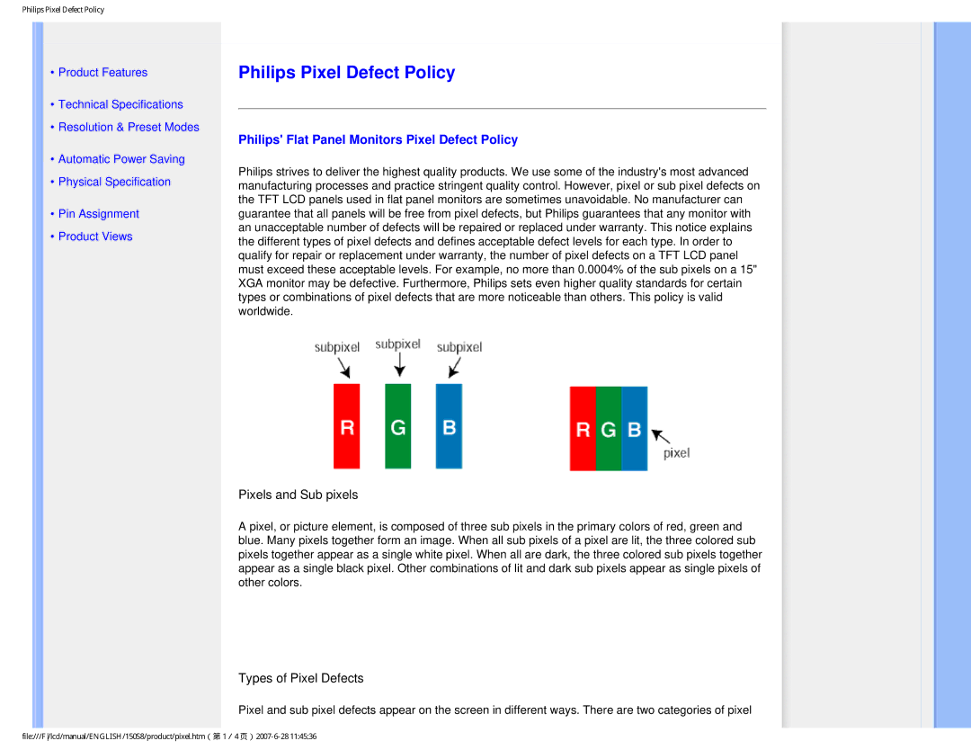 Philips 150S8 user manual Philips Pixel Defect Policy, Philips Flat Panel Monitors Pixel Defect Policy 