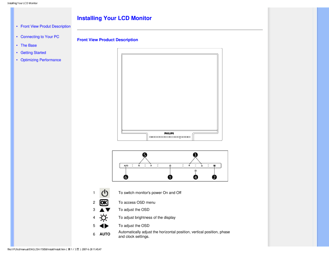 Philips 150S8 user manual Installing Your LCD Monitor, Front View Product Description 