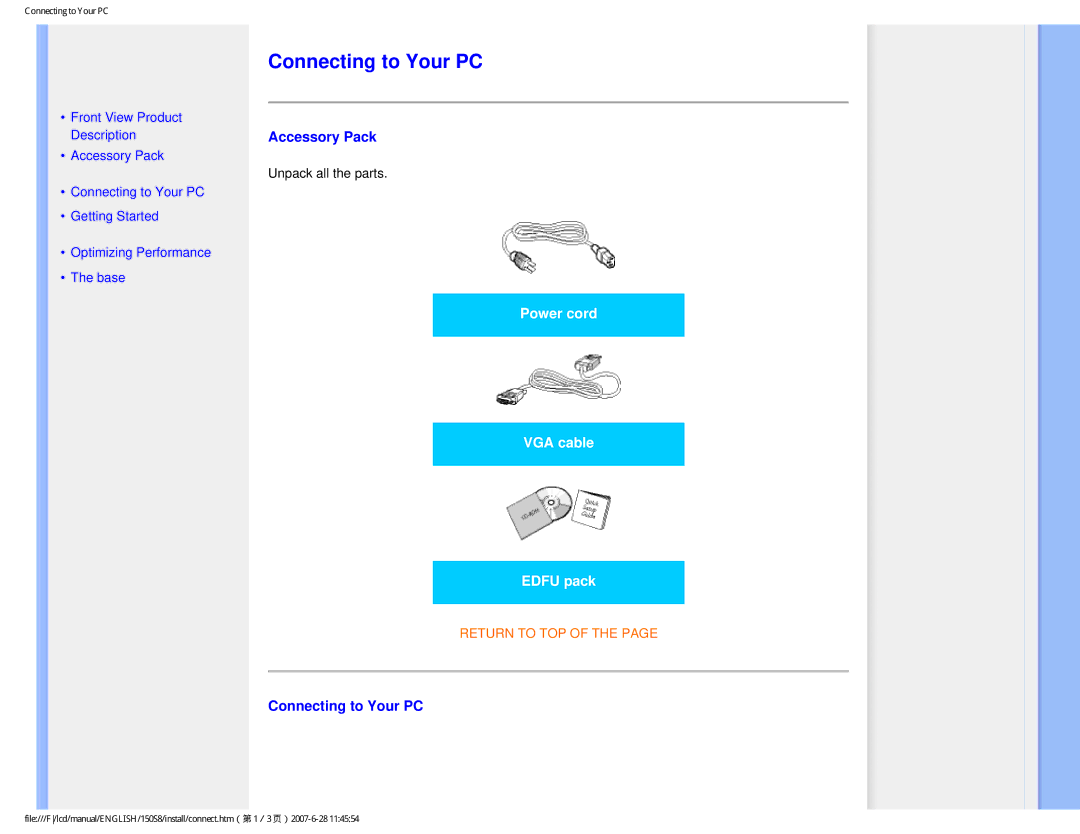 Philips 150S8 user manual Connecting to Your PC, Accessory Pack 