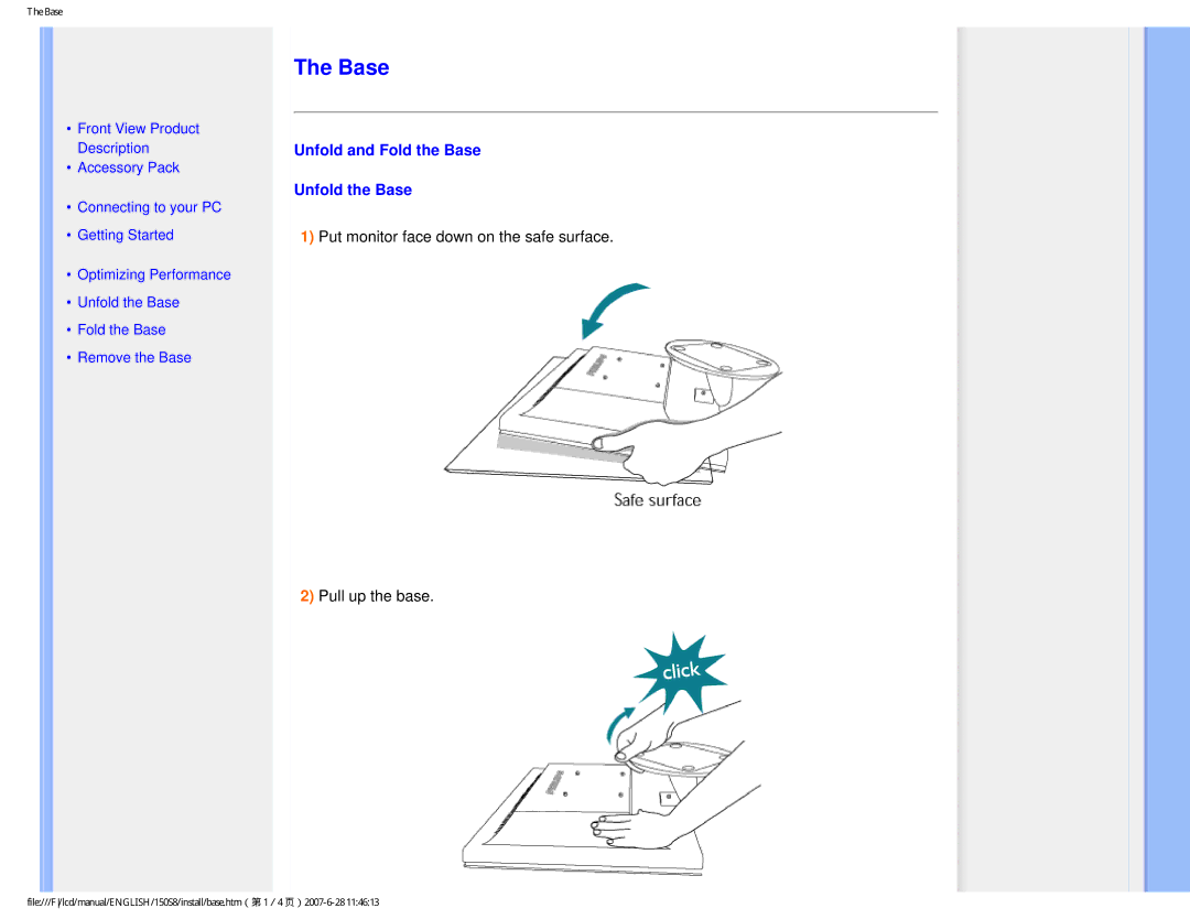 Philips 150S8 user manual Unfold and Fold the Base Unfold the Base 