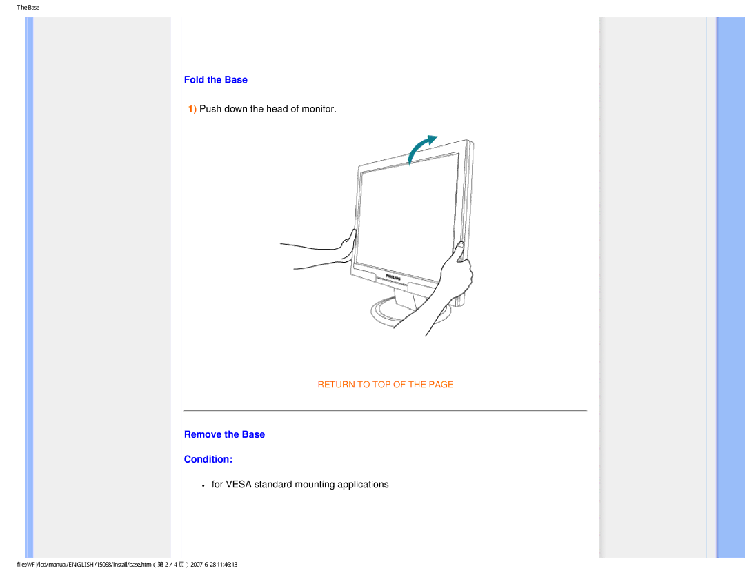 Philips 150S8 user manual Fold the Base, Remove the Base Condition 