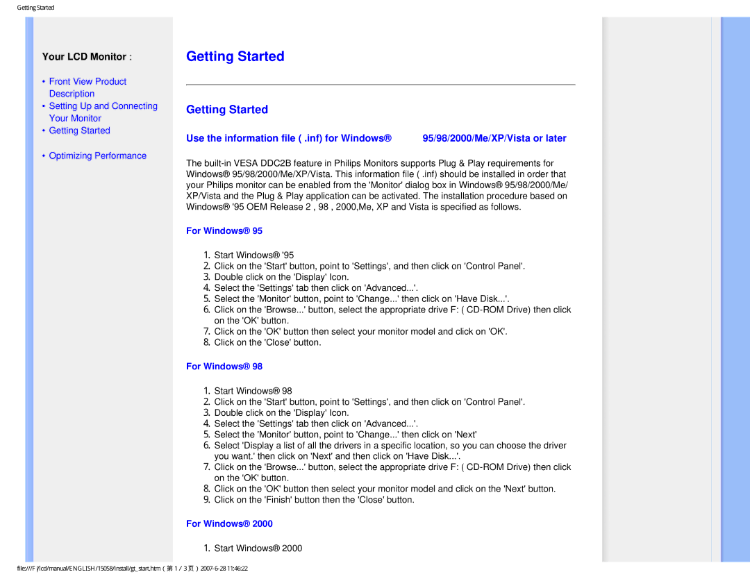 Philips 150S8 Getting Started, Use the information file .inf for Windows, 95/98/2000/Me/XP/Vista or later, For Windows 