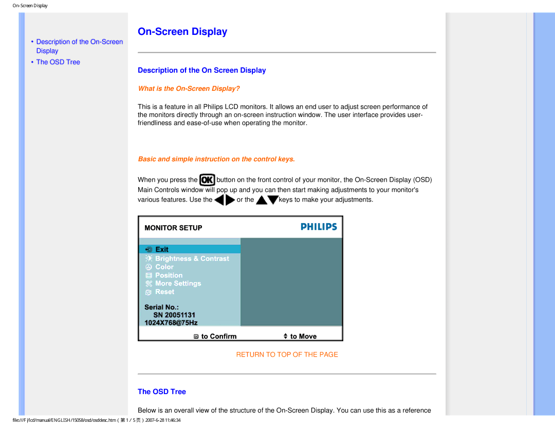 Philips 150S8 user manual On-Screen Display, Description of the On Screen Display, OSD Tree 