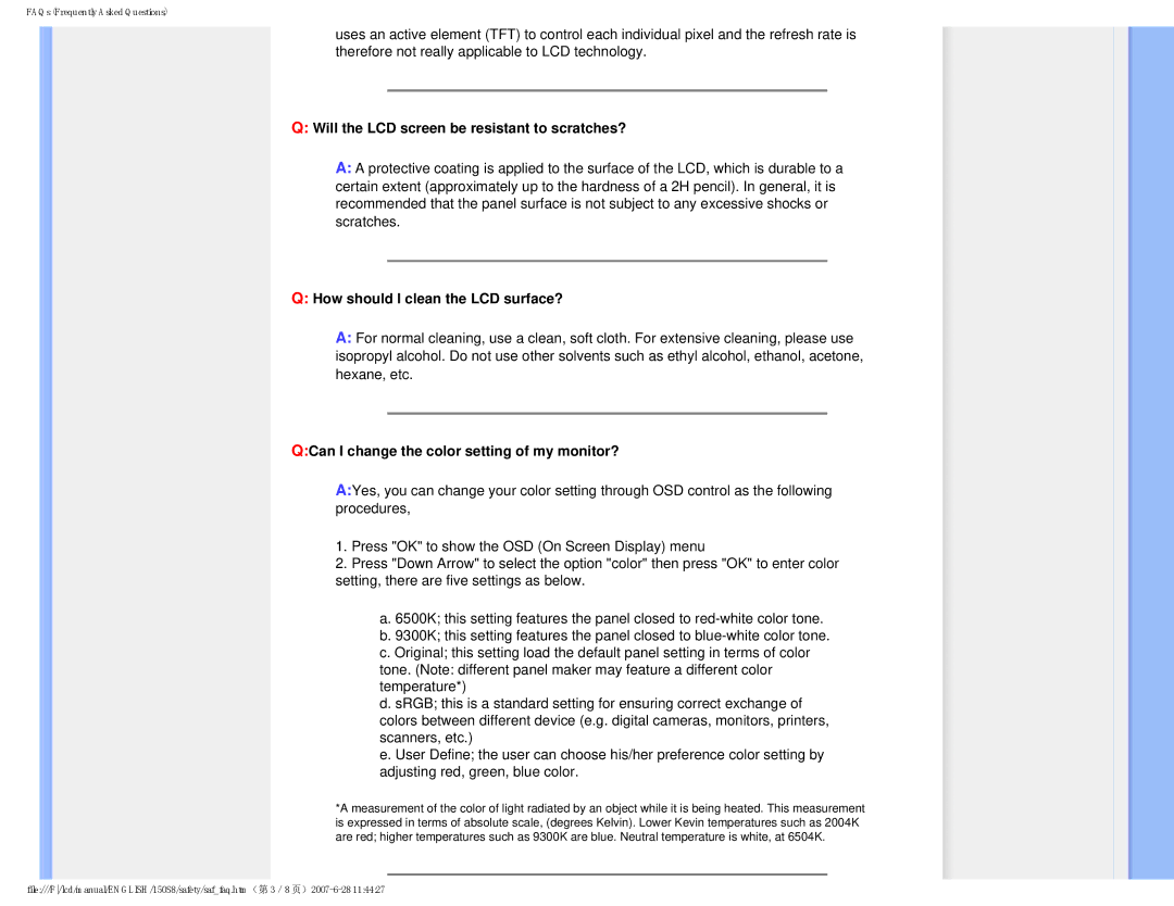 Philips 150S8 user manual Will the LCD screen be resistant to scratches?, How should I clean the LCD surface? 