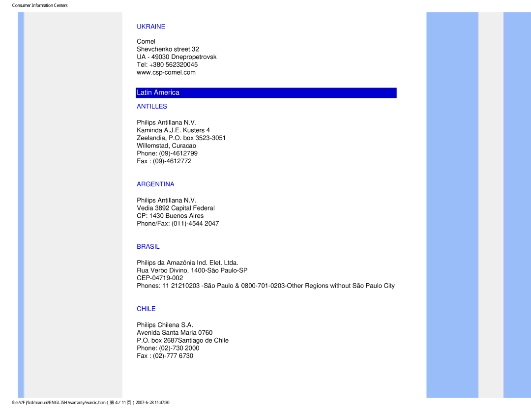 Philips 150S8 user manual Ukraine, Antilles, Argentina, Brasil, Chile 