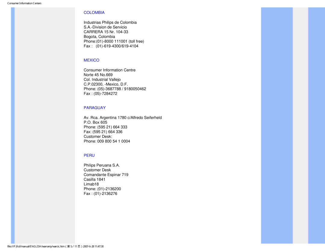 Philips 150S8 user manual Colombia, Mexico, Paraguay, Peru 