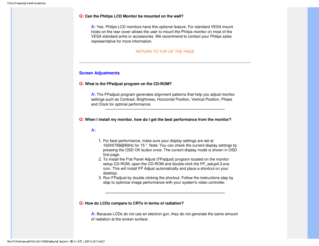 Philips 150S8 user manual Screen Adjustments, Can the Philips LCD Monitor be mounted on the wall? 