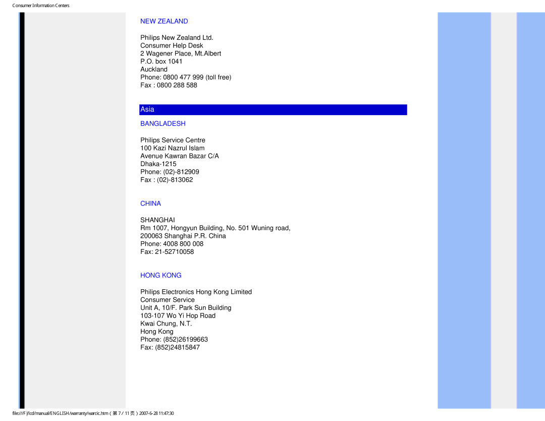 Philips 150S8 user manual NEW Zealand, Bangladesh, China, Hong Kong 