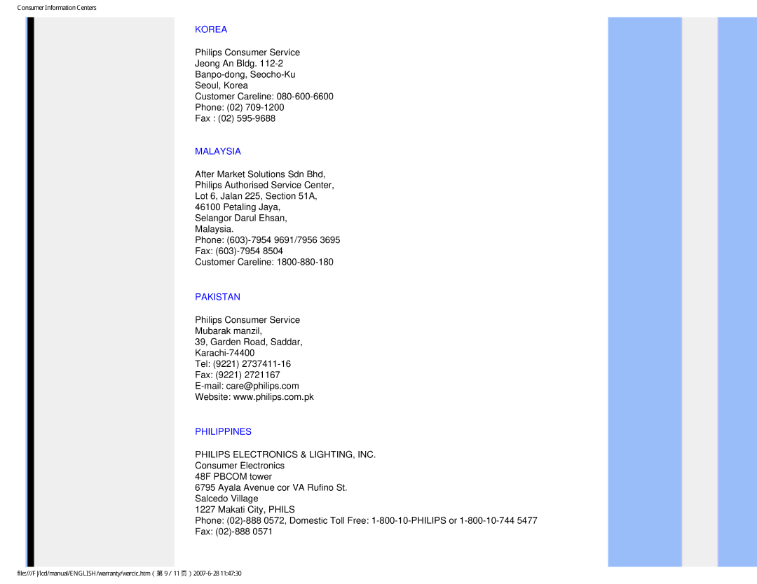 Philips 150S8 user manual Korea, Malaysia, Pakistan, Philippines 