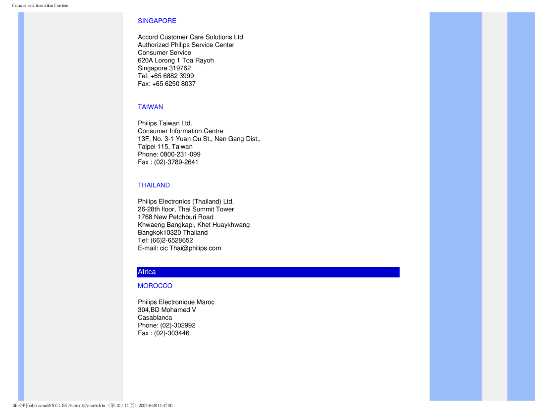 Philips 150S8 user manual Singapore, Taiwan, Thailand, Morocco 