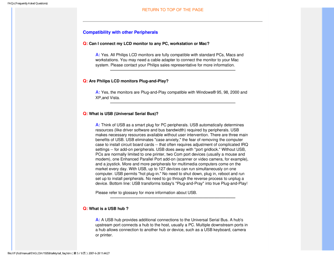 Philips 150S8 user manual Compatibility with other Peripherals, Can I connect my LCD monitor to any PC, workstation or Mac? 