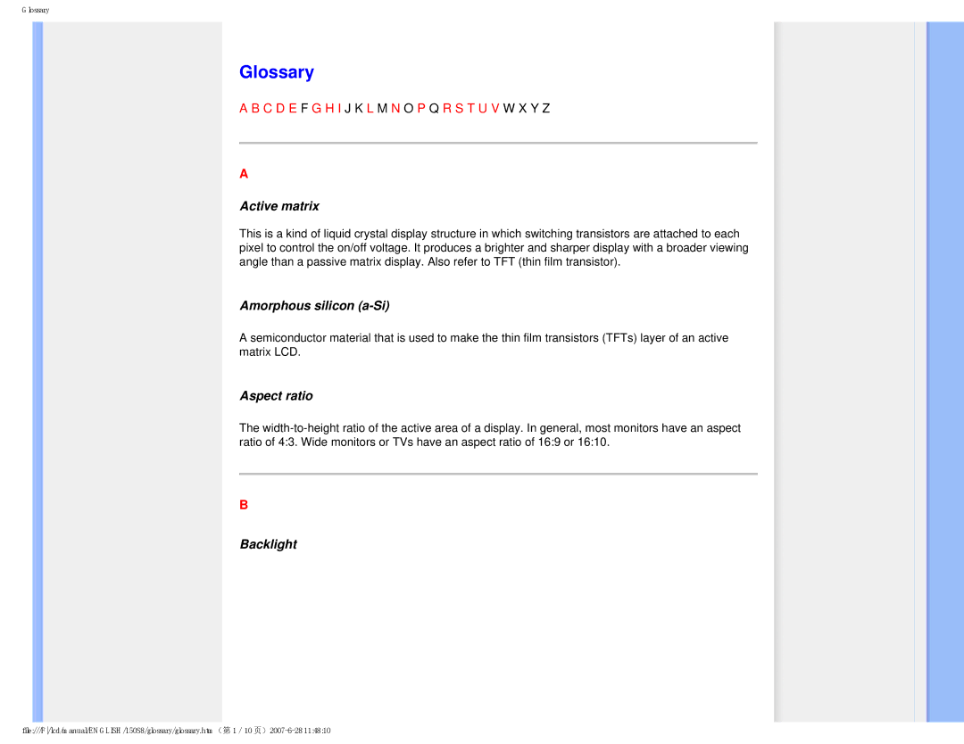 Philips 150S8 user manual Glossary, Active matrix, Amorphous silicon a-Si, Aspect ratio, Backlight 