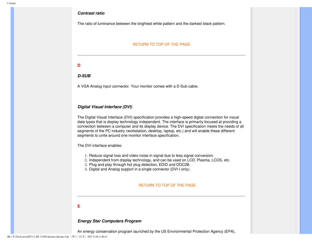 Philips 150S8 user manual Contrast ratio, Digital Visual Interface DVI, Energy Star Computers Program 