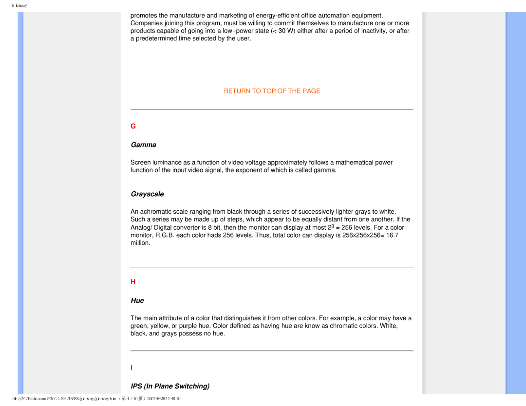 Philips 150S8 user manual Gamma, Grayscale, Hue, IPS In Plane Switching 