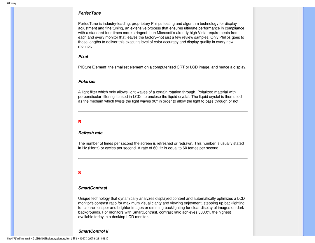 Philips 150S8 user manual PerfecTune, Pixel, Polarizer, Refresh rate, SmartContrast, SmartControl 