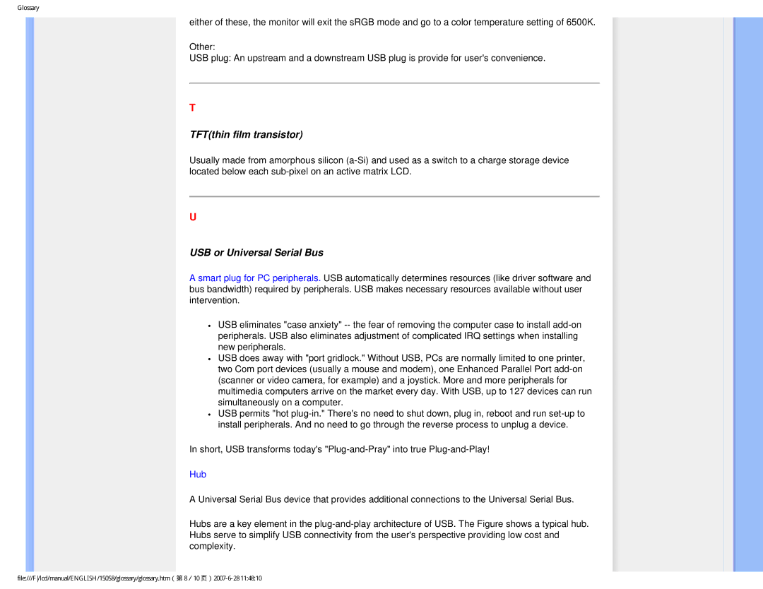 Philips 150S8 user manual TFTthin film transistor, USB or Universal Serial Bus 